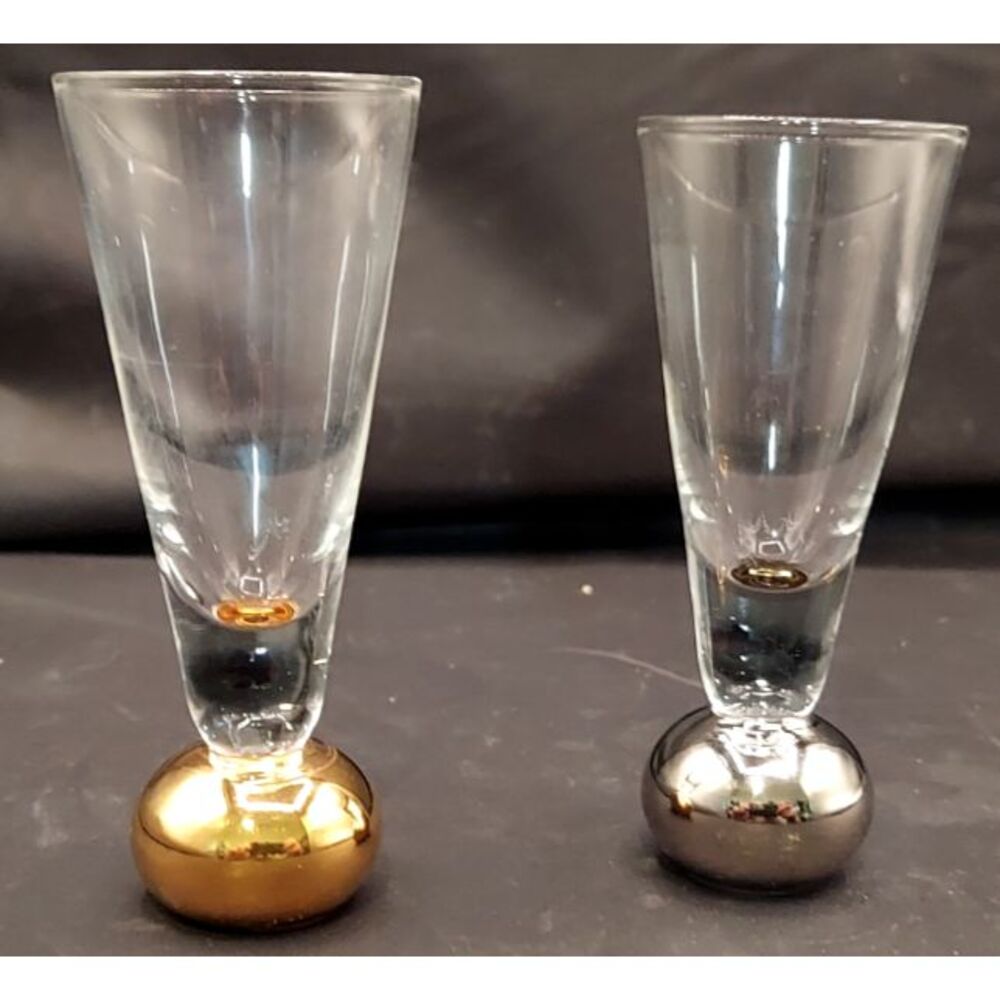 Handblown Cordial Shot Glasses Set Of‎ 2 Ball Bottom Base Gold & Silver 4.5"